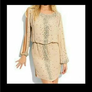 HAUTE HIPPIE Long Slit Balloon Sleeve Blouson Elastic Waist Fully Studded Dress